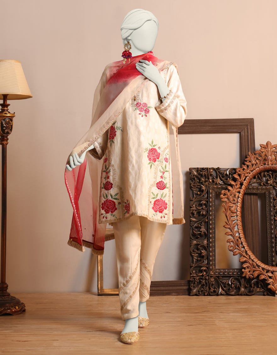 Off White Jacquard 3 Piece Stitched Dress | Jjpw-S-Jpws-23-619