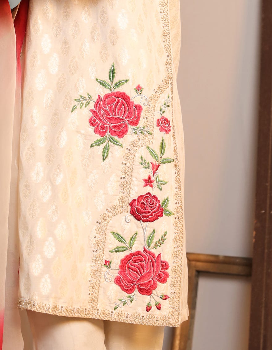 Off White Jacquard 3 Piece Stitched Dress | Jjpw-S-Jpws-23-619