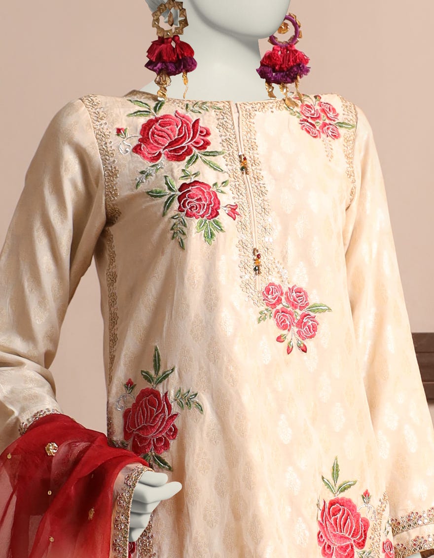 Off White Jacquard 3 Piece Stitched Dress | Jjpw-S-Jpws-23-619