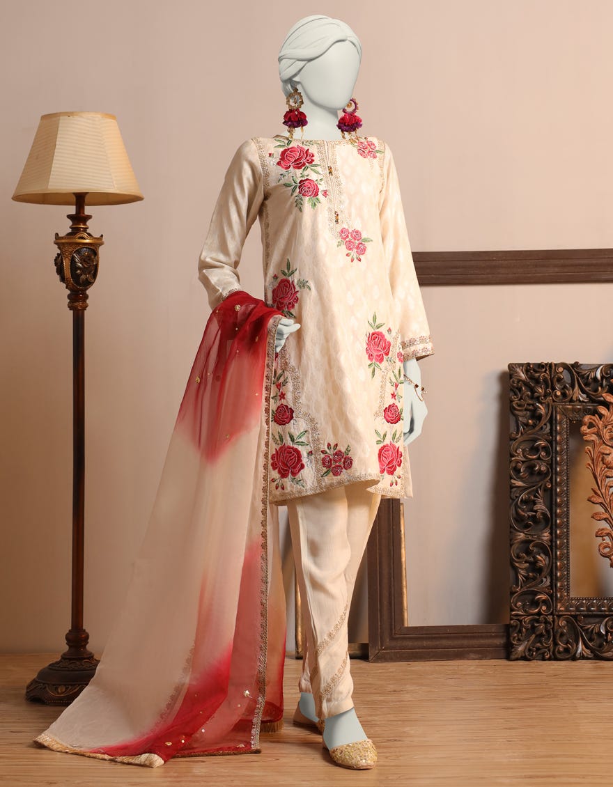 Off White Jacquard 3 Piece Stitched Dress | Jjpw-S-Jpws-23-619