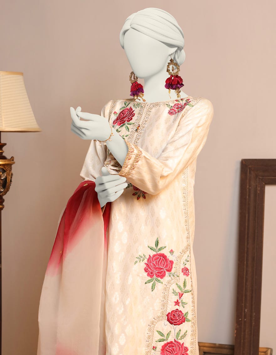 Off White Jacquard 3 Piece Stitched Dress | Jjpw-S-Jpws-23-619