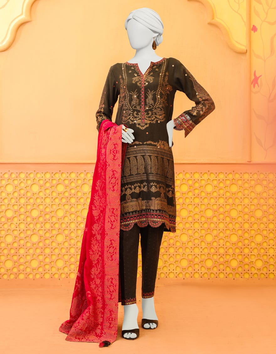 Charcoal Grey Jacquard 3 Piece Stitched Dress | Jjpw-W-Jpws-23-631