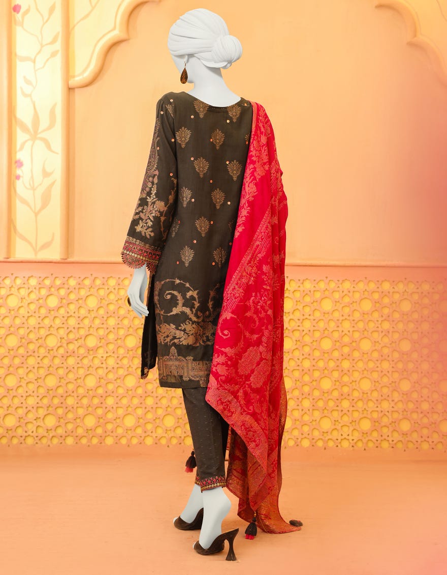 Charcoal Grey Jacquard 3 Piece Stitched Dress | Jjpw-W-Jpws-23-631