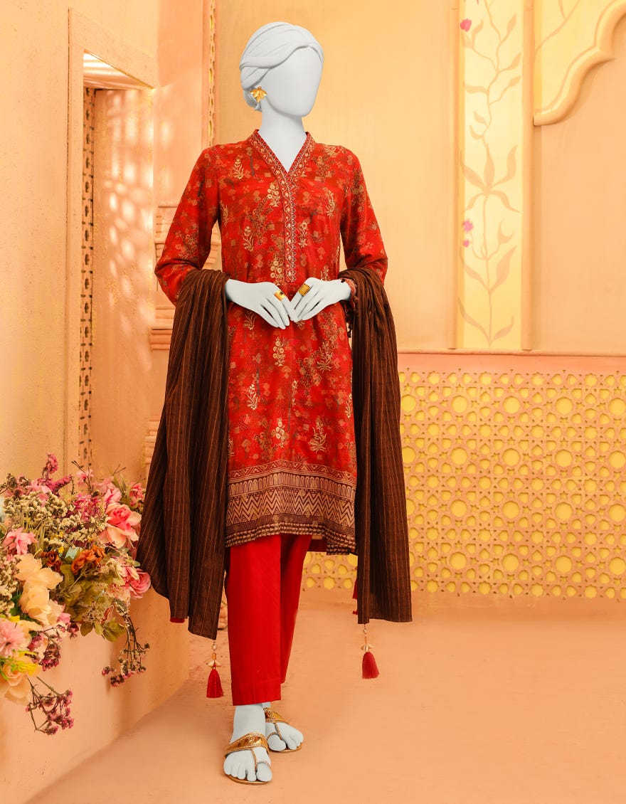 Red Organza 3 Piece Stitched Dress | Jjpw-W-Jpws-23-636