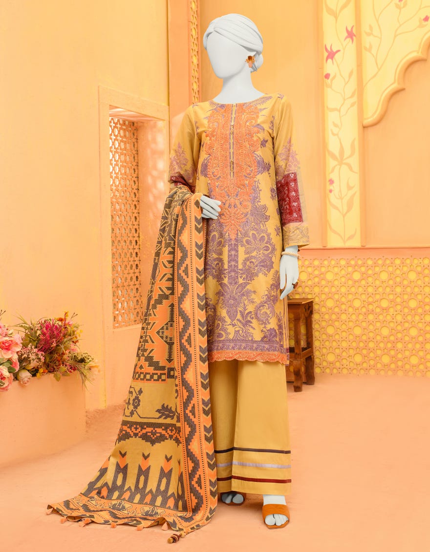 Beige Cambric 3 Piece Stitched Dress | Jjpw-W-Jpws-23-640