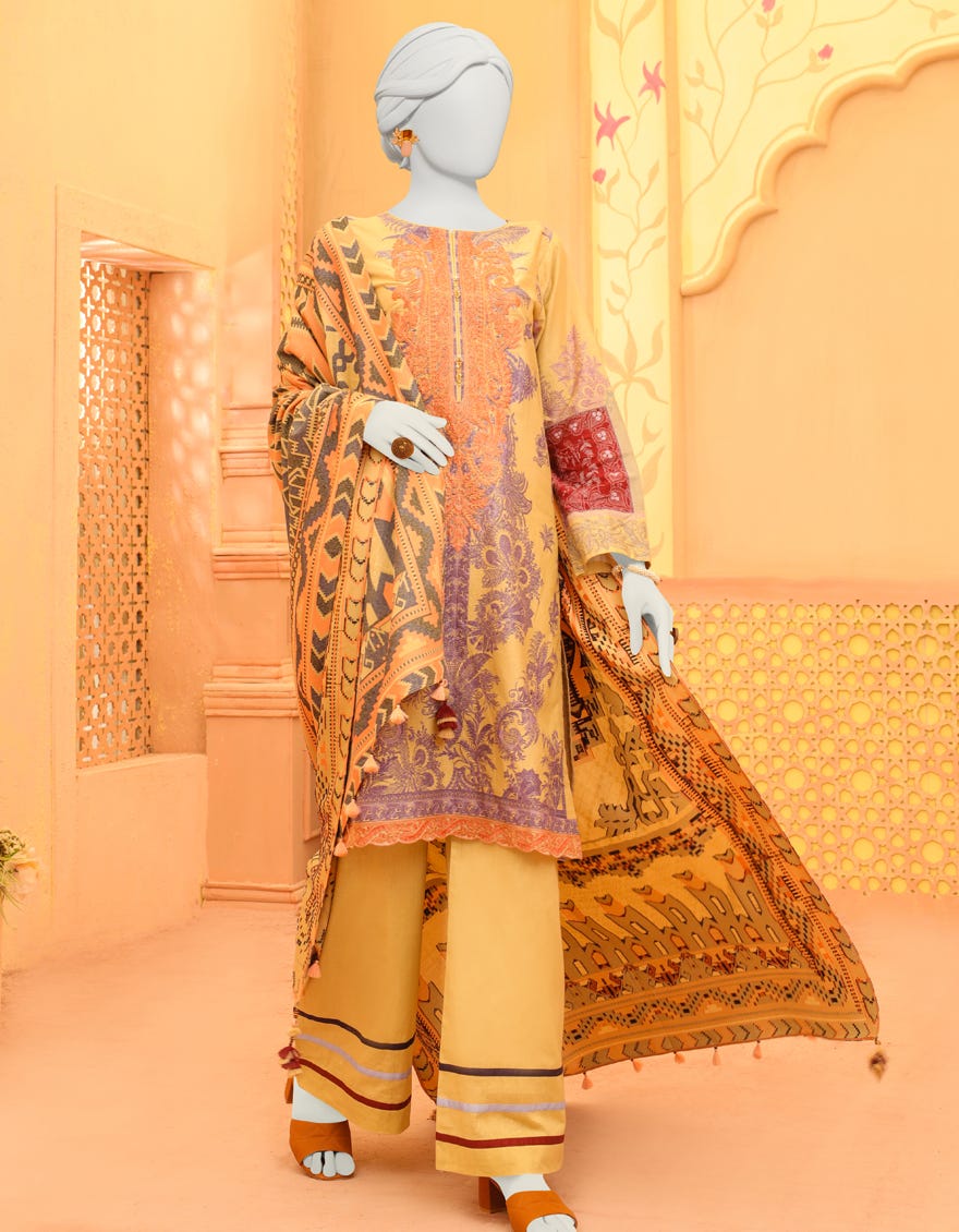 Beige Cambric 3 Piece Stitched Dress | Jjpw-W-Jpws-23-640