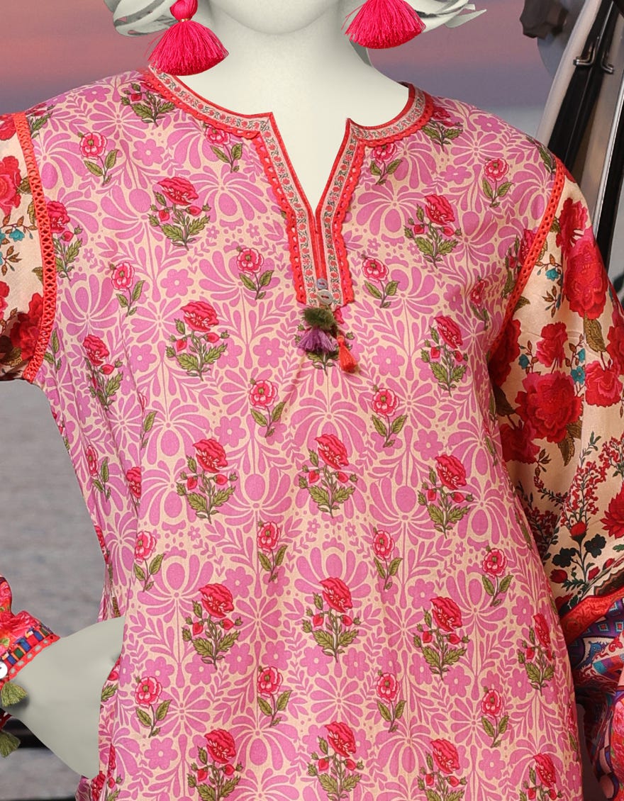 PINK LAWN PRINTED KURTI | JJLK-S-JSS-25-326