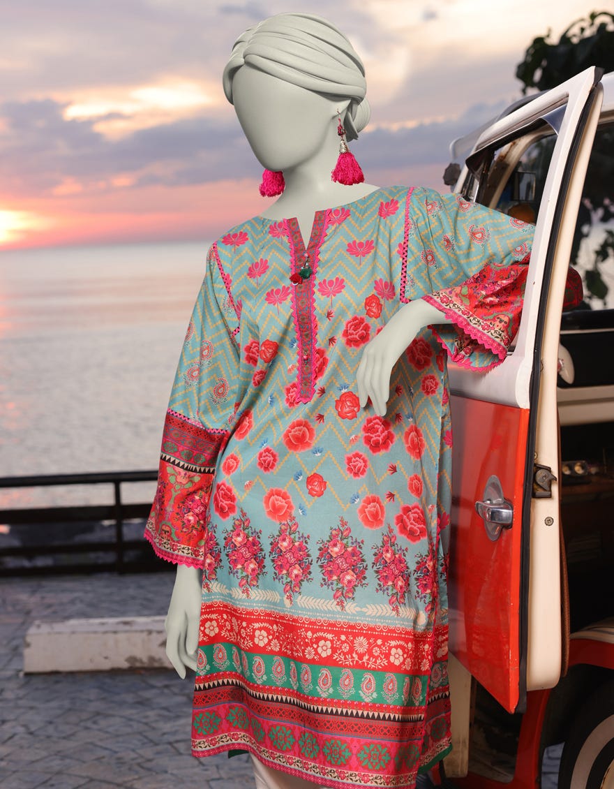 BLUE LAWN PRINTED KURTI | JJLK-S-JSS-25-327