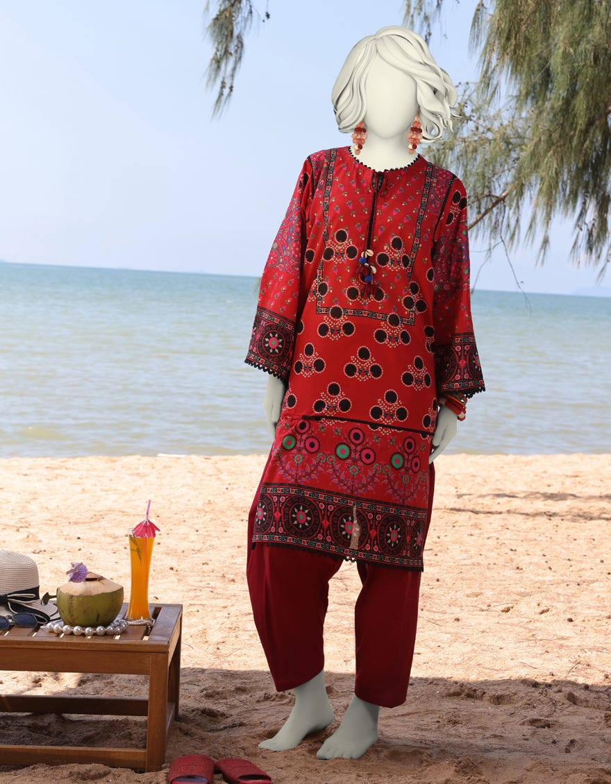 RED LAWN PRINTED KURTI | JJLK-S-JSS-25-329
