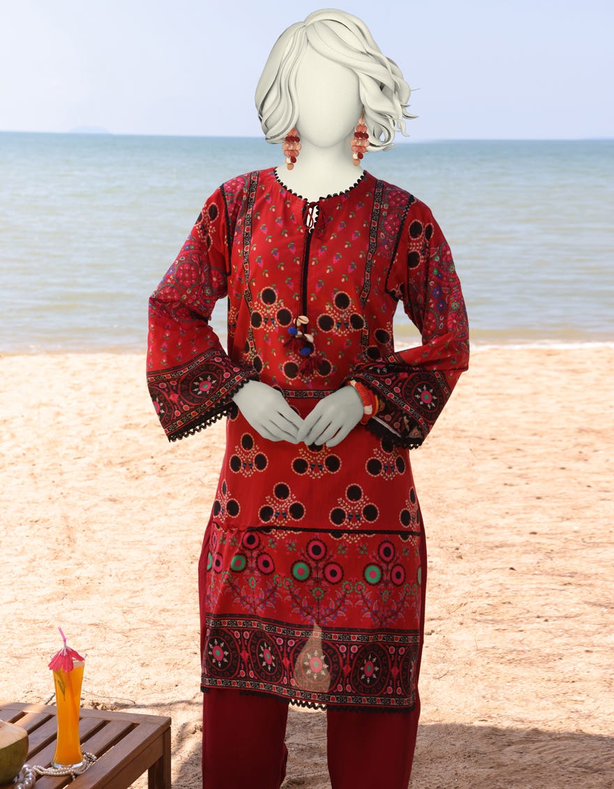 RED LAWN PRINTED KURTI | JJLK-S-JSS-25-329