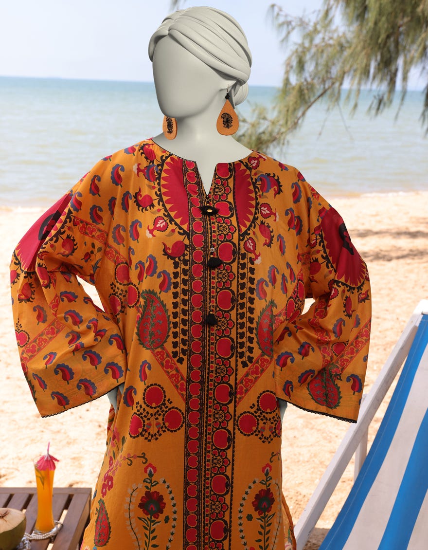 YELLOW LAWN PRINTED KURTI | JJLK-S-JSS-25-330