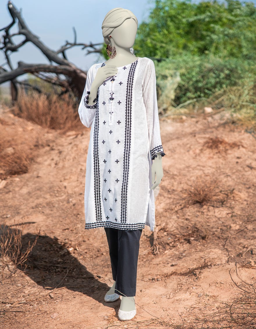 WHITE DOBBY EMBROIDERED KURTI | JJLK-S-JSS-25-337