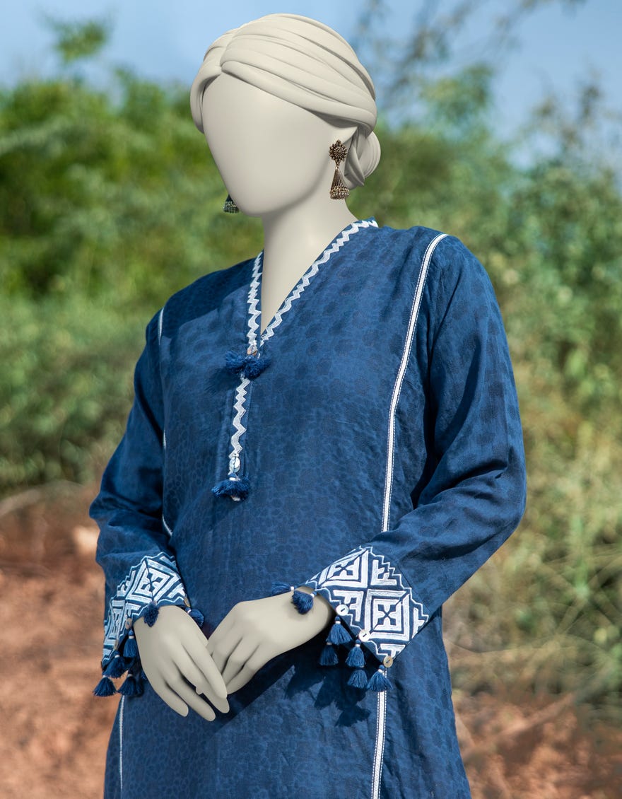 BLUE DOBBY EMBROIDERED KURTI | JJLK-S-JSS-25-338