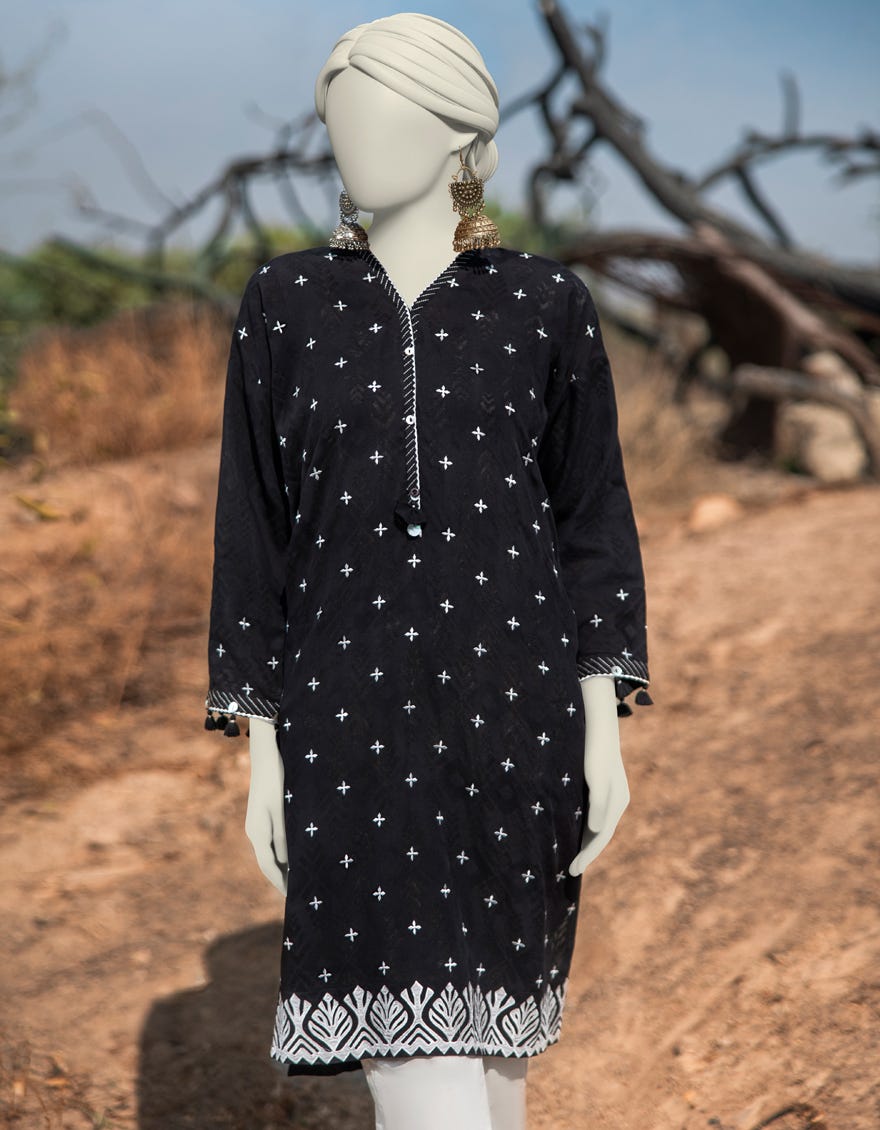 BLACK DOBBY EMBROIDERED KURTI | JJLK-S-JSS-25-339