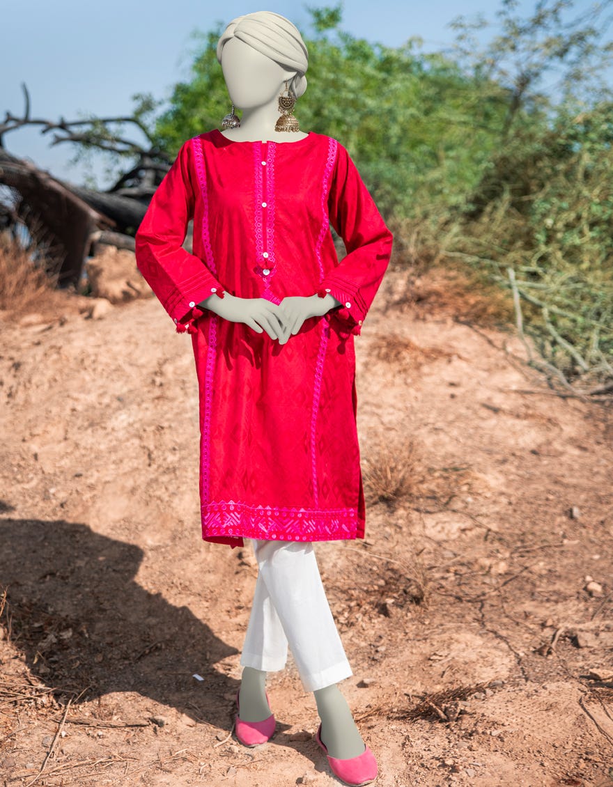 RED DOBBY EMBROIDERED KURTI | JJLK-S-JSS-25-340