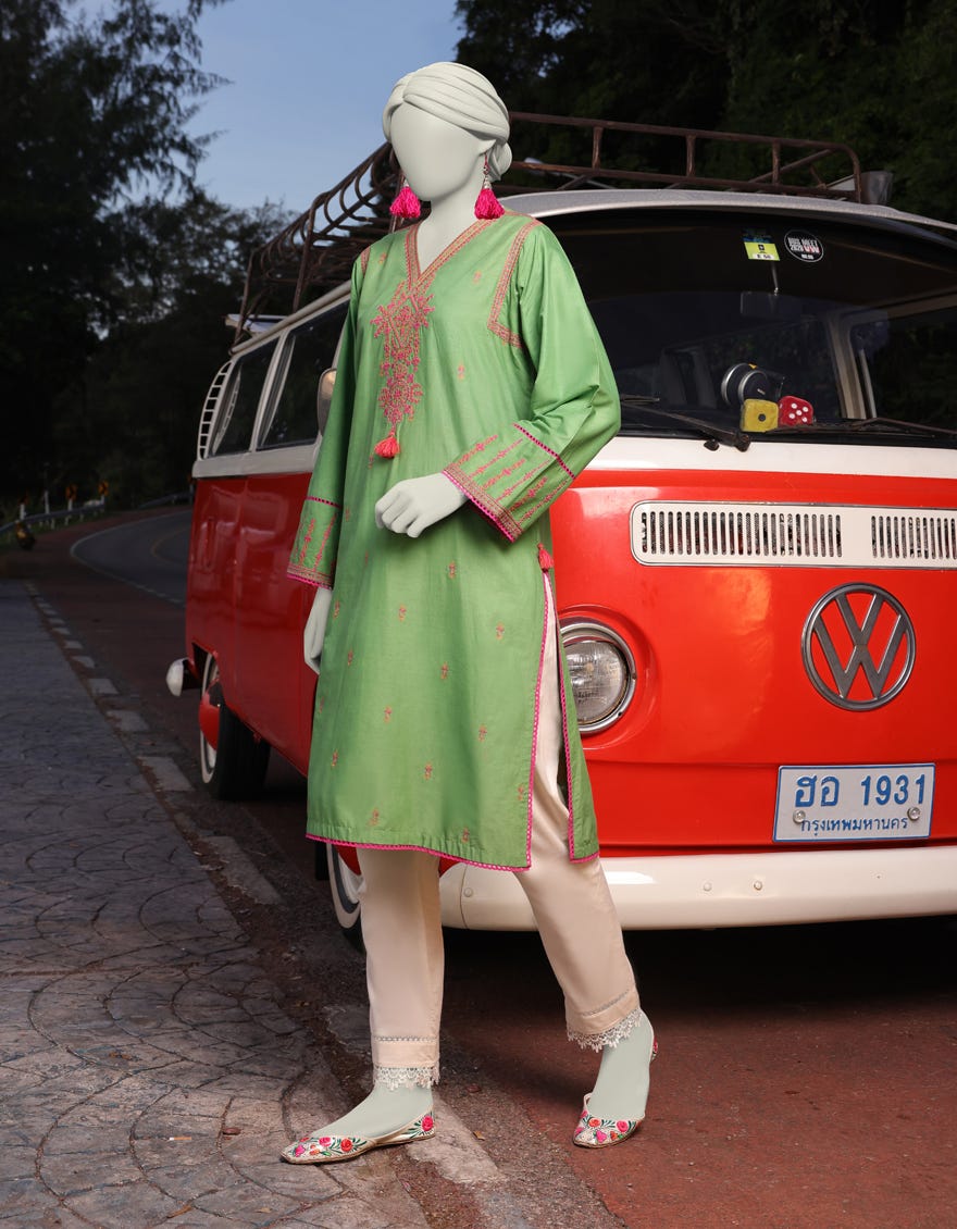 GREEN LAWN EMBROIDERED KURTI | JJLK-S-JSS-25-343