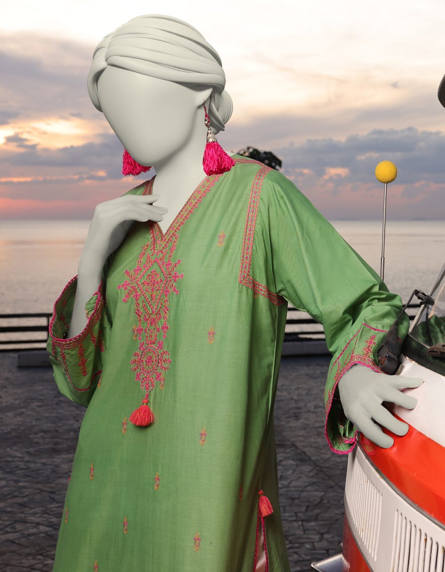 GREEN LAWN EMBROIDERED KURTI | JJLK-S-JSS-25-343