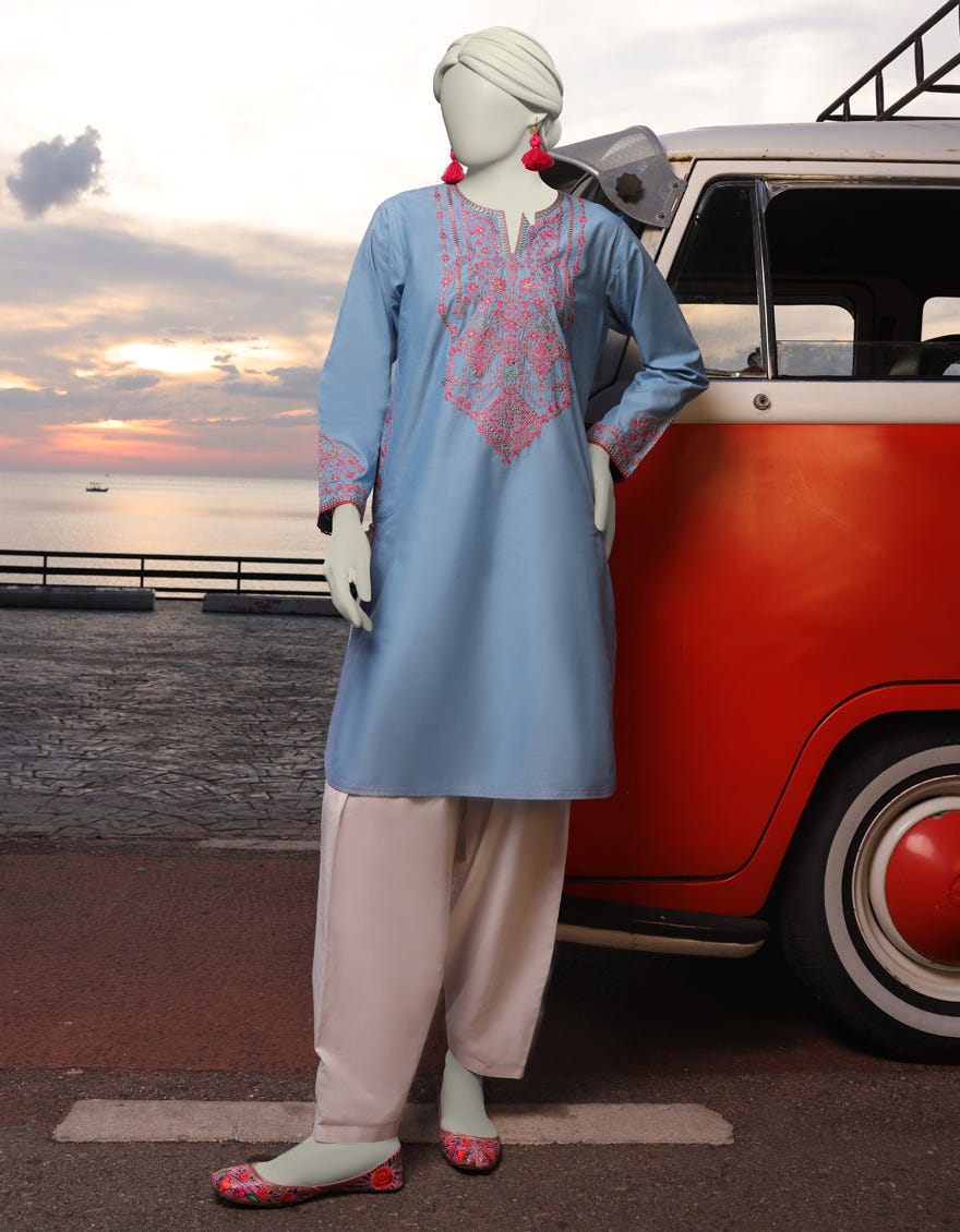 BLUE LAWN EMBROIDERED KURTI | JJLK-S-JSS-25-344