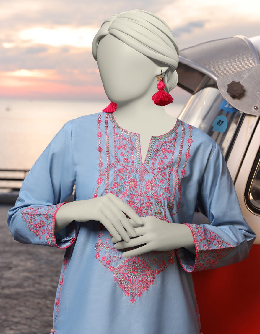 BLUE LAWN EMBROIDERED KURTI | JJLK-S-JSS-25-344