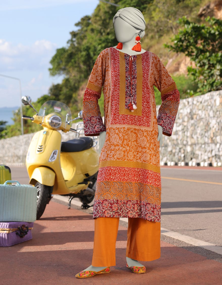 ORANGE LAWN PRINTED KURTI | JJLK-S-JSS-25-358