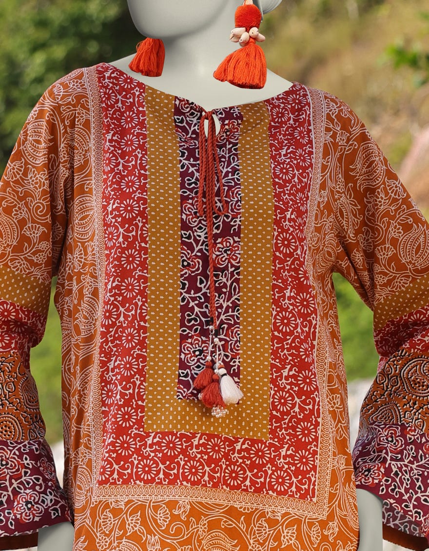 ORANGE LAWN PRINTED KURTI | JJLK-S-JSS-25-358