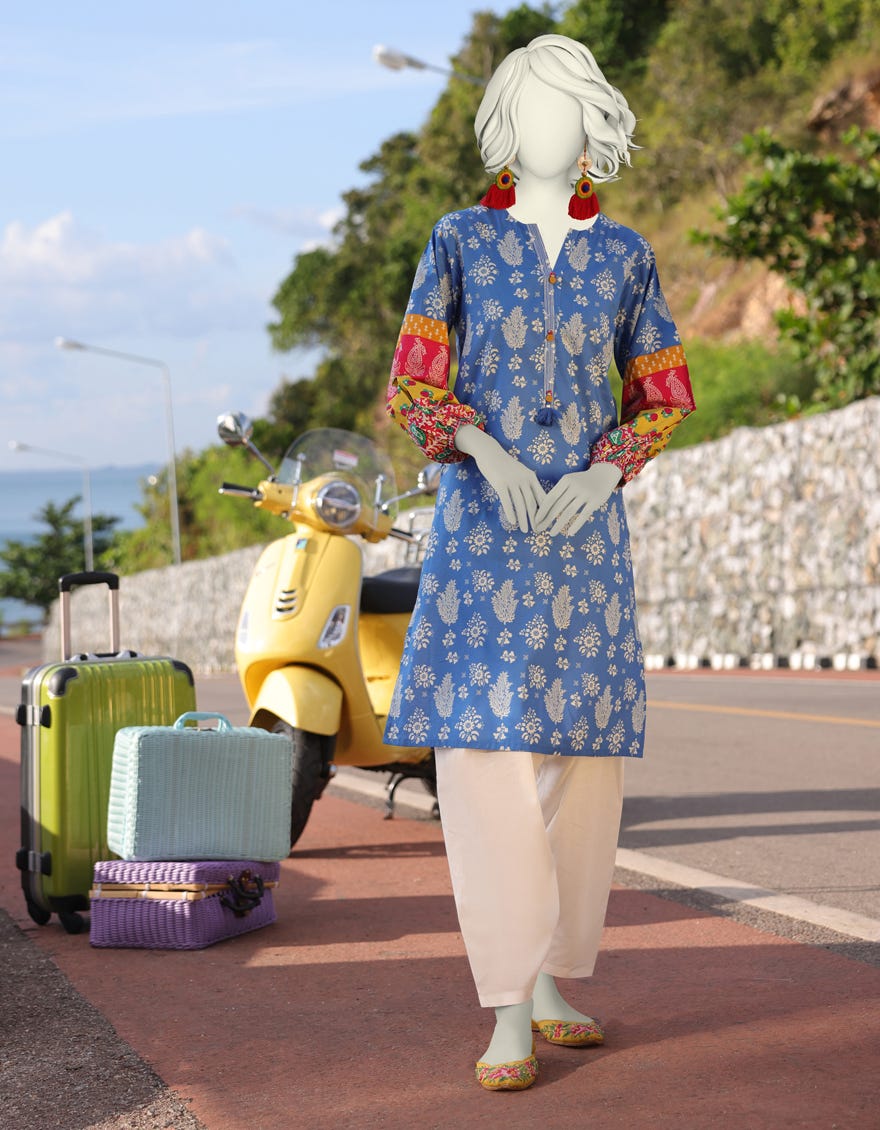 BLUE LAWN PRINTED KURTI | JJLK-S-JSS-25-360