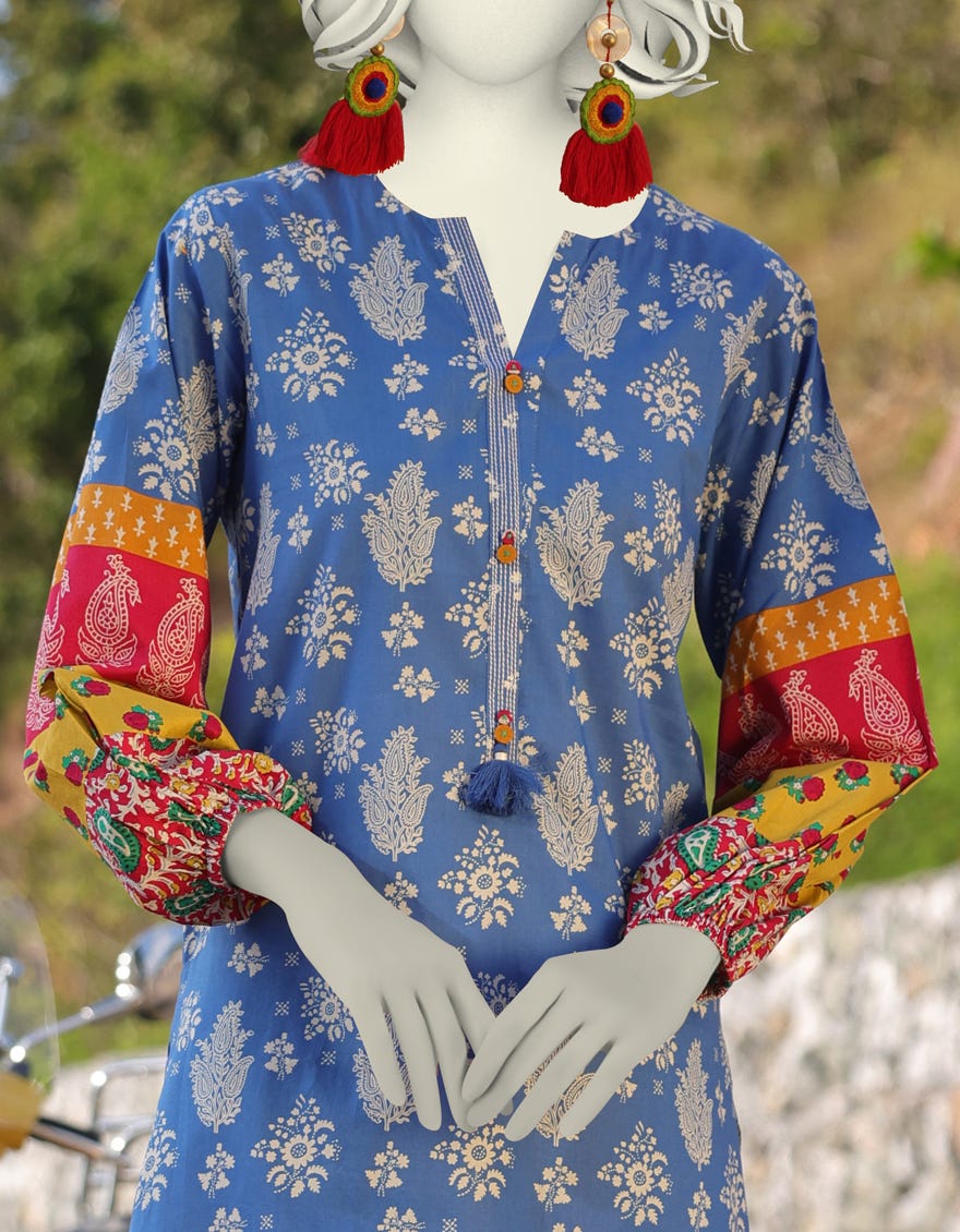 BLUE LAWN PRINTED KURTI | JJLK-S-JSS-25-360