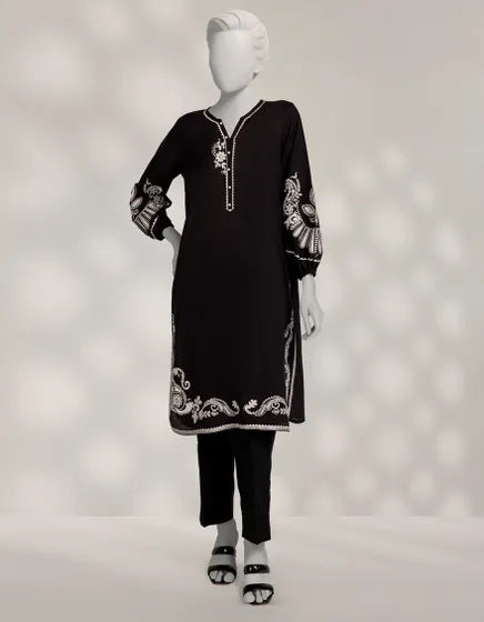 BLACK DOBBY EMBROIDERED KURTI