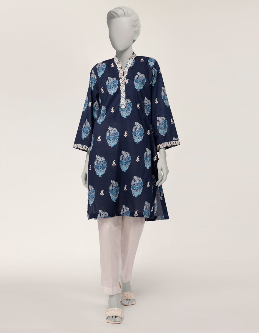 BLUE LAWN EMBROIDERED KURTI