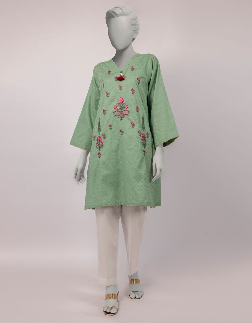 GREEN DOBBY EMBROIDERED KURTI