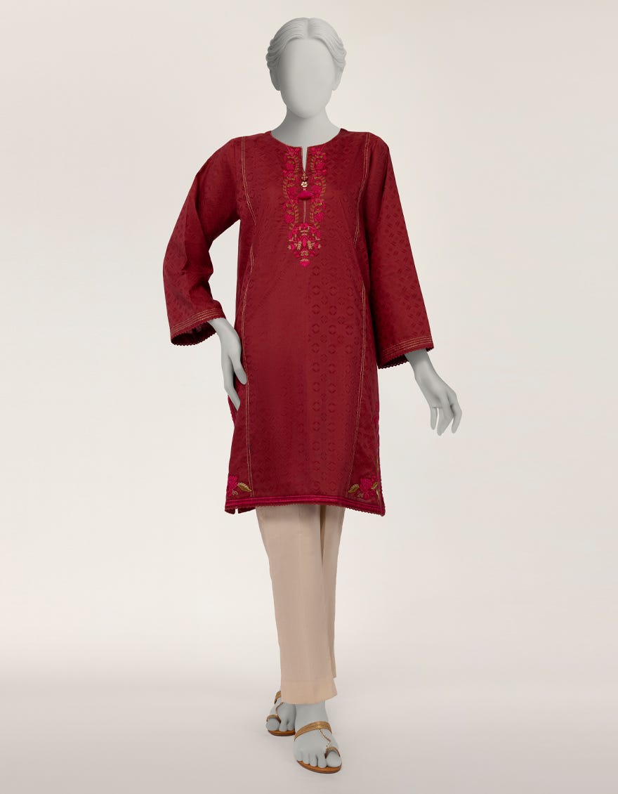 MAROON DOBBY EMBROIDERED KURTI
