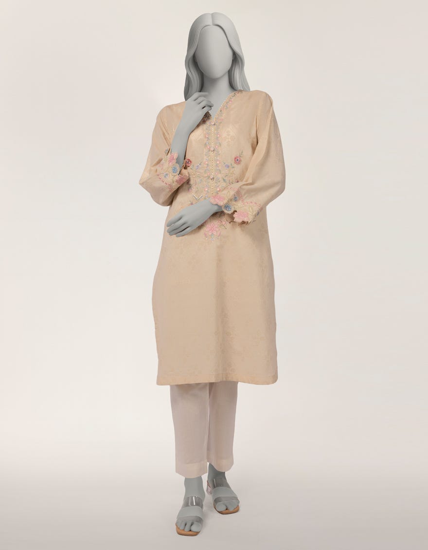 BEIGE DOBBY EMBROIDERED KURTI