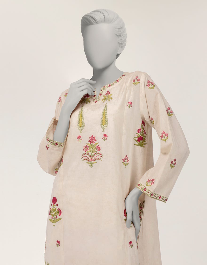OFF WHITE DOBBY EMBROIDERED KURTI
