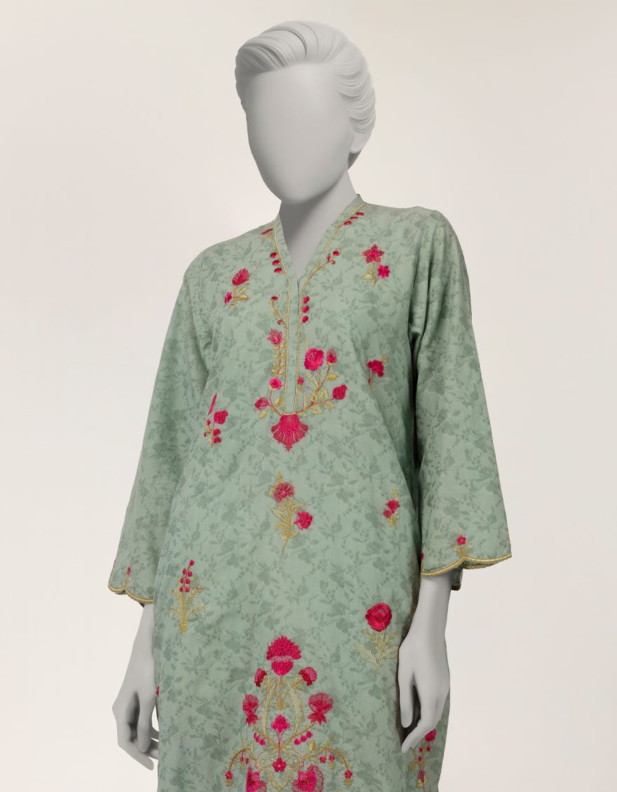 GREEN DOBBY EMBROIDERED KURTI