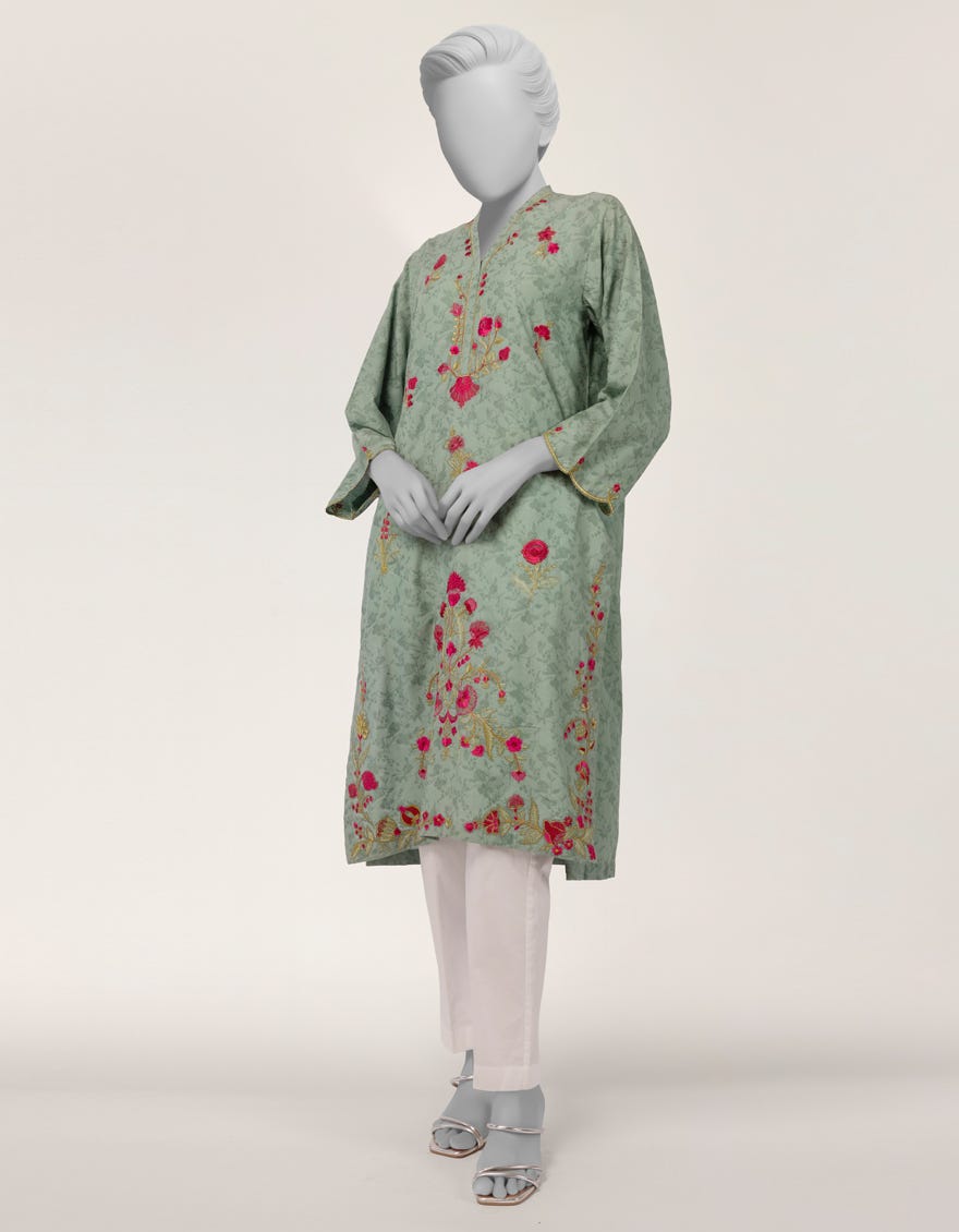 GREEN DOBBY EMBROIDERED KURTI