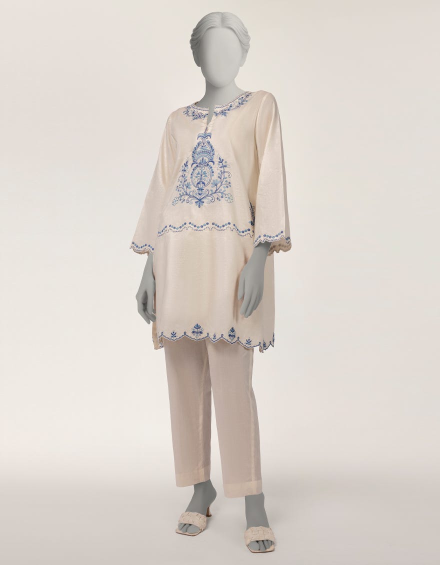 OFF WHITE DOBBY EMBROIDERED KURTI