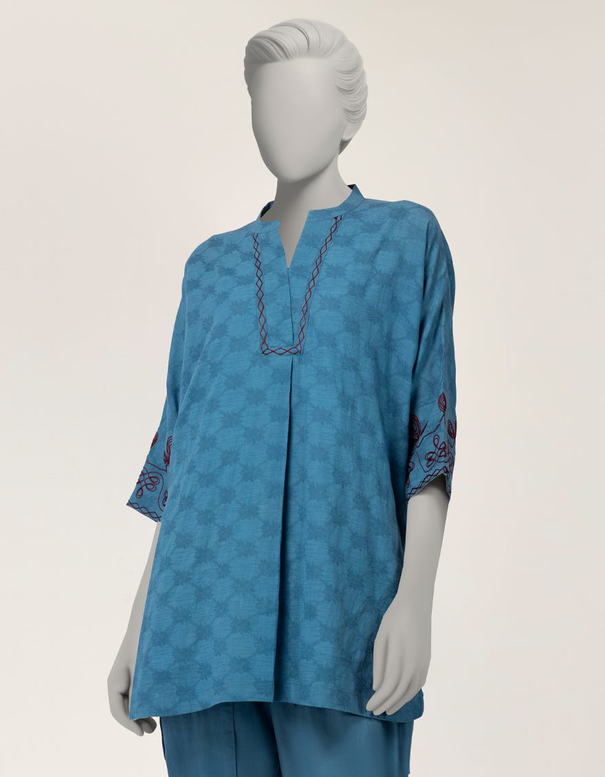 BLUE DOBBY EMBROIDERED 2PC STITCHED