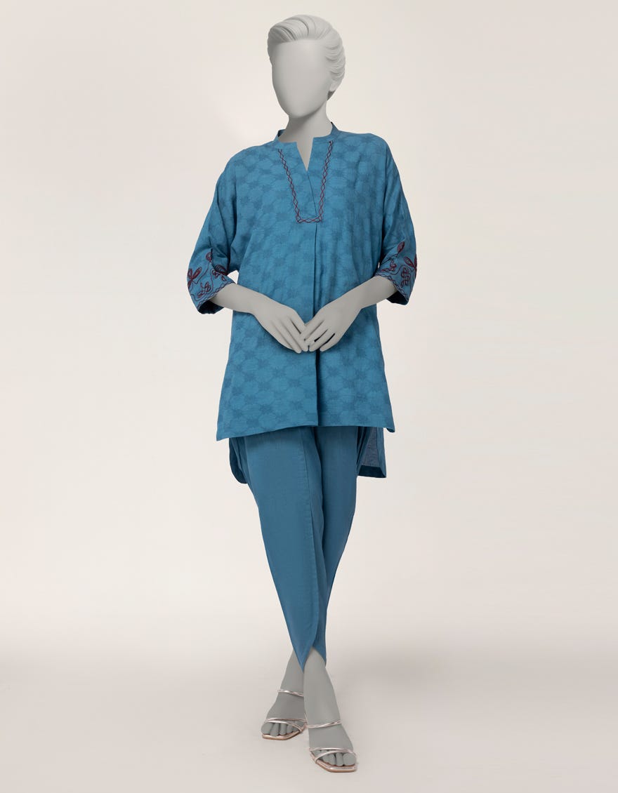 BLUE DOBBY EMBROIDERED 2PC STITCHED