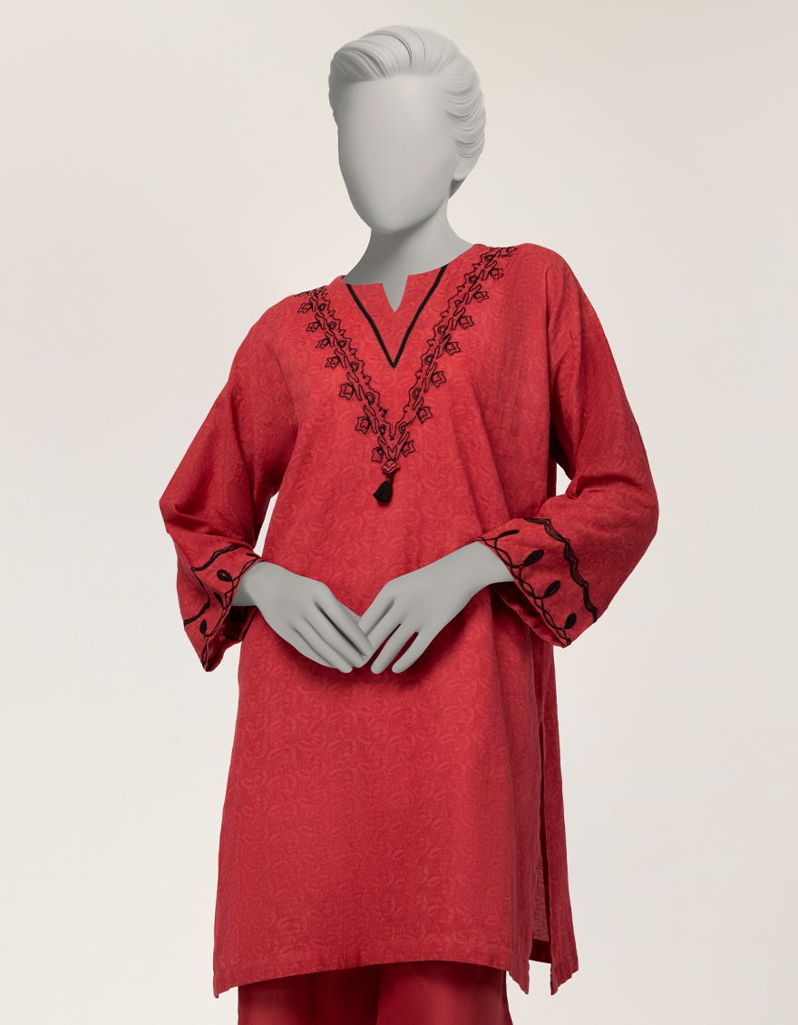 RED DOBBY EMBROIDERED 2PC STITCHED