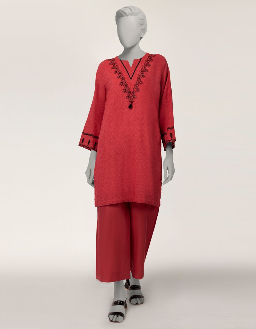 RED DOBBY EMBROIDERED 2PC STITCHED