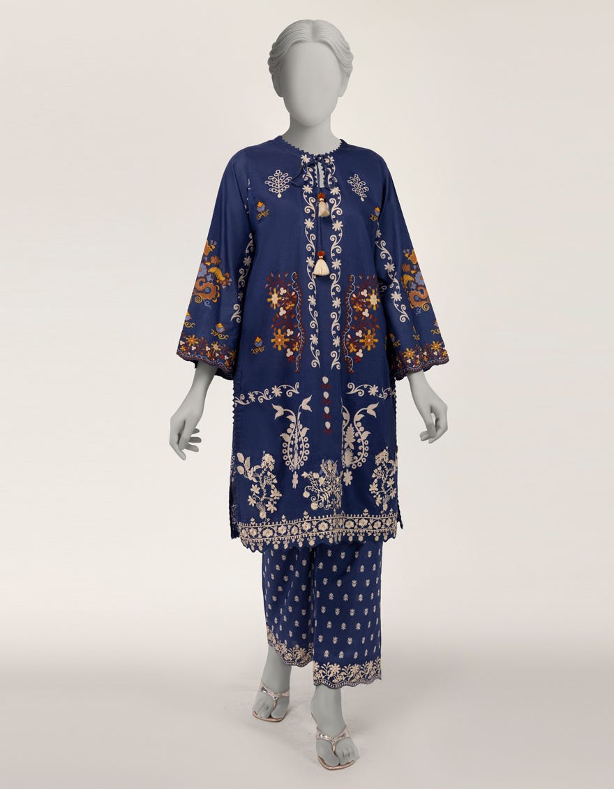 BLUE LAWN EMBROIDERED STITCHED 2PC