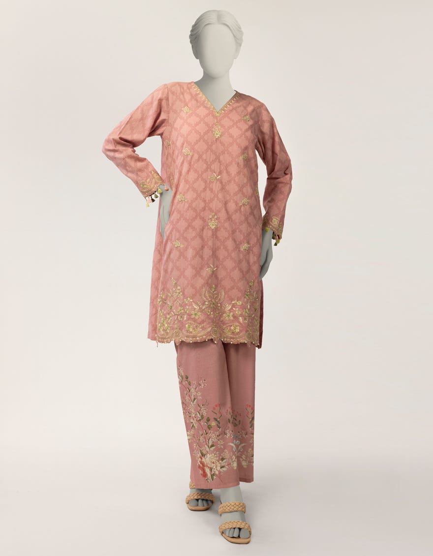 PINK DOBBY EMBROIDERED CO-ORD SET