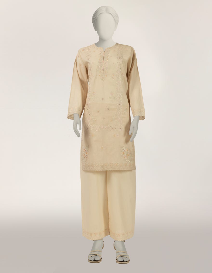 BEIGE LAWN SCHIFFLI CO-ORD SET
