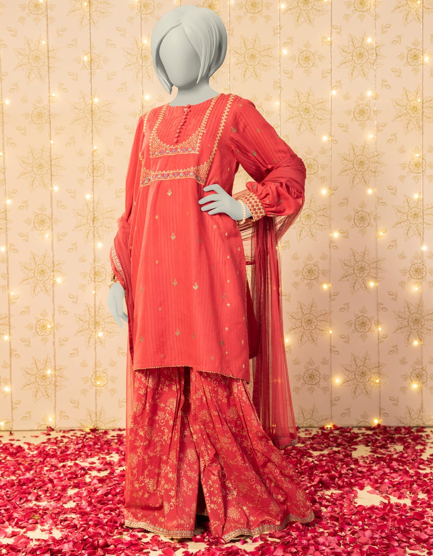 PINK TEXTURED EMBROIDERED 3PC STITCHED