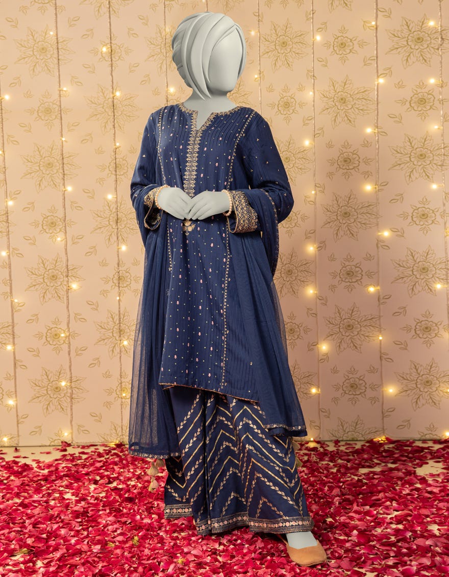 BLUE TEXTURED EMBROIDERED 3PC STITCHED