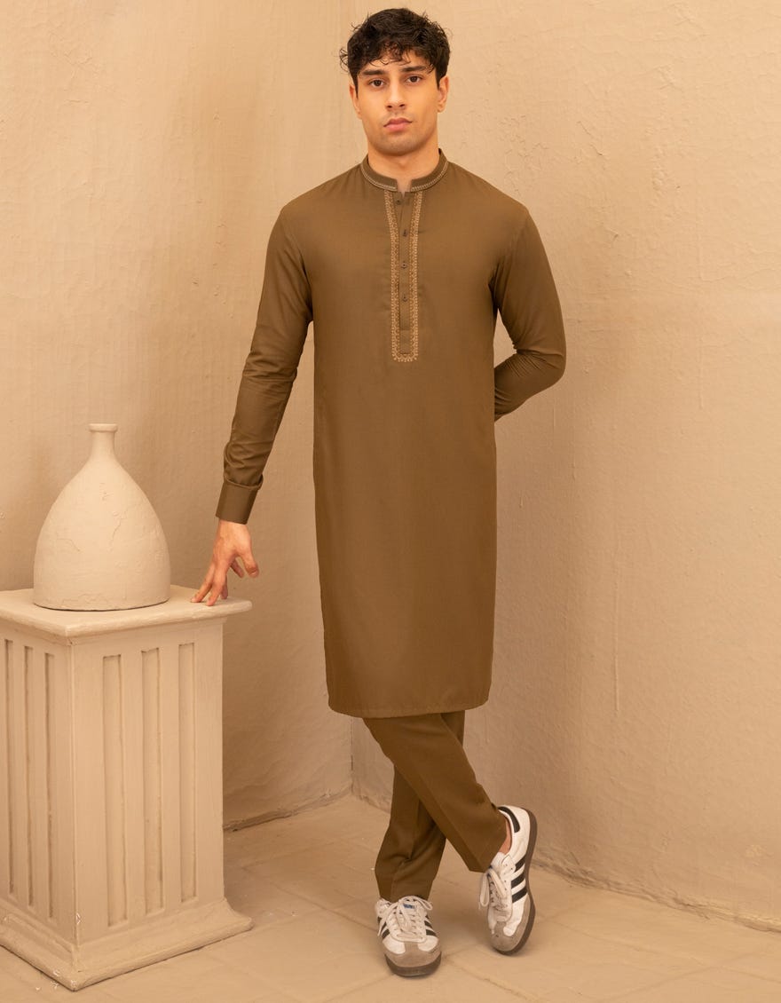 MEHNDI GREEN BLENDED FORMAL KURTA TROUSER