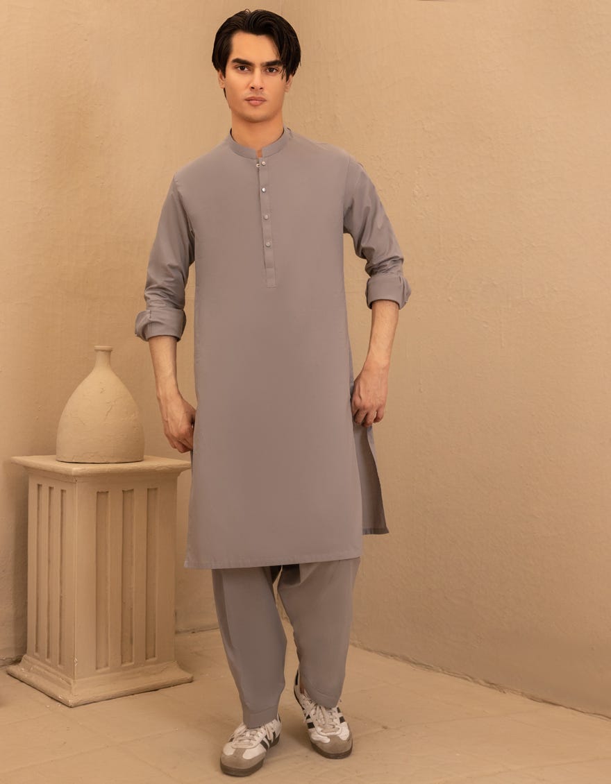 LIGHT GREY COTTON PLAIN KAMEEZ SHALWAR