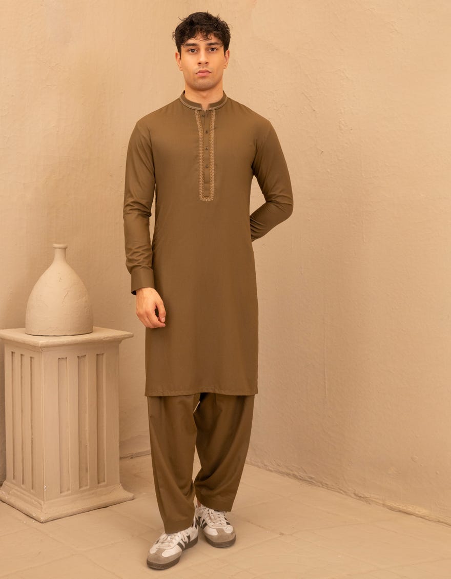 MEHNDI GREEN BLENDED FORMAL KAMEEZ SHALWAR