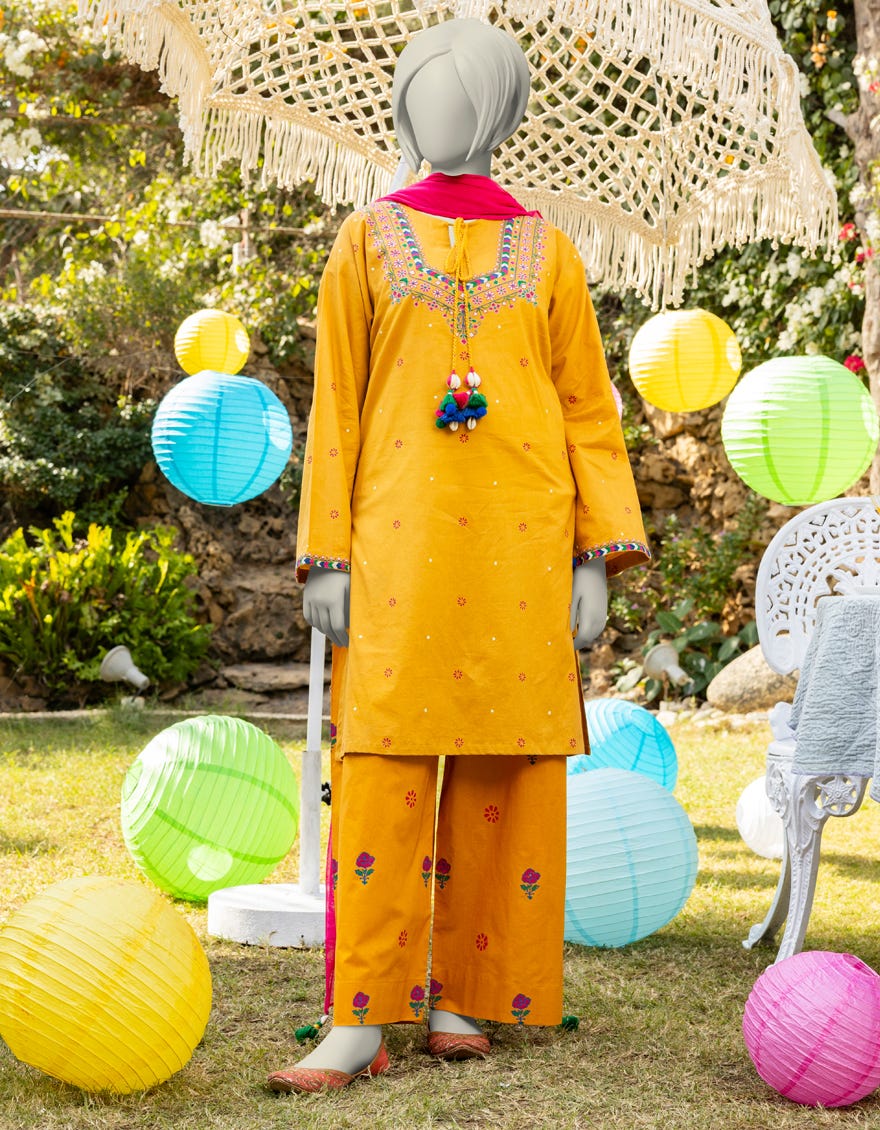 MUSTARD LAWN EMBROIDERED 3PC | JGK-S-JTP-25-606