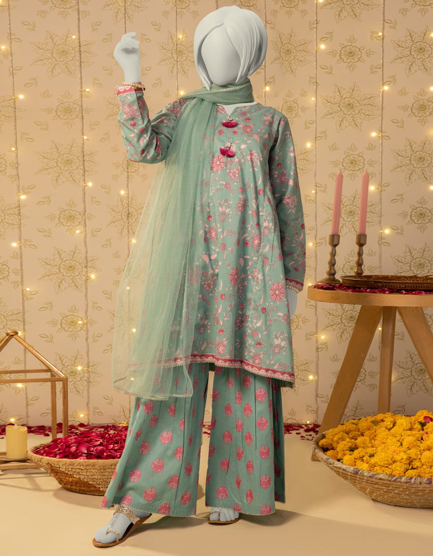 BLUE LAWN PASTE PRINTED 3PC STITCHED